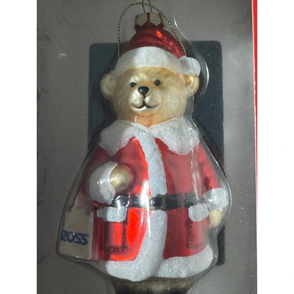 Glass Christmas Ornament Teddy Bear‎ Santa Claus Red Coat Lantern Gift Boxed